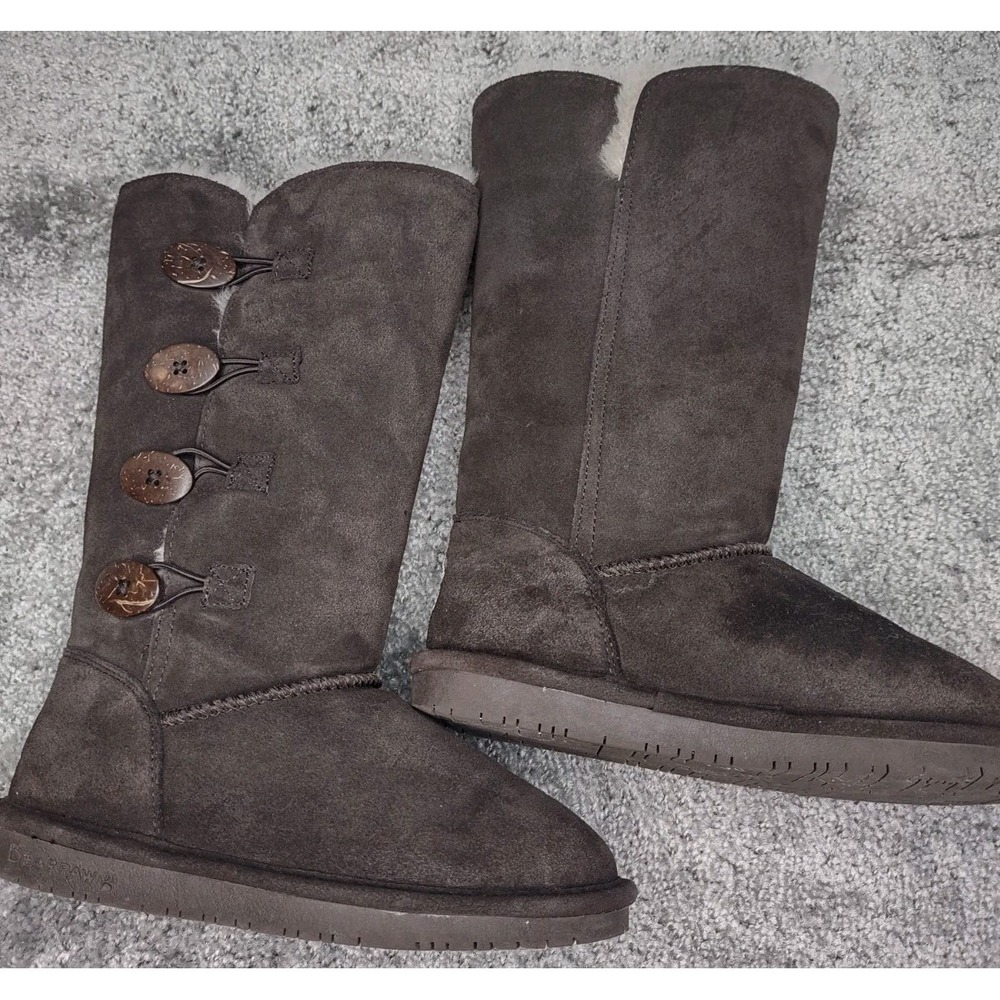 BEARPAW Lori Chocolate Brown Suede Boots Women's 6 Slip On Sheepskin NeverWet
